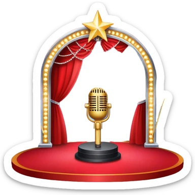 Create a glamorous and vibrant emoji that represents pop or stage vocal performance. The design should feature an empty stage with concert lighting. Include elements like an iconic stage microphone with a sparkling, rhinestone-studded microphone stand, set on a red carpet, a celebratory firework display in the background and a ribbon of musical notes flowing around the scene to symbolize the performance's energy. Use bright colors like gold, red, and silver to emphasize the excitement and glitz of the pop vocal world. The background should be transparent. sticker
