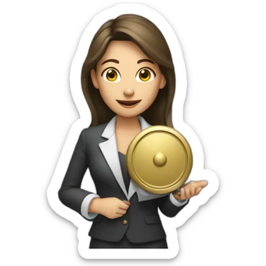 Business woman holding a gong sticker