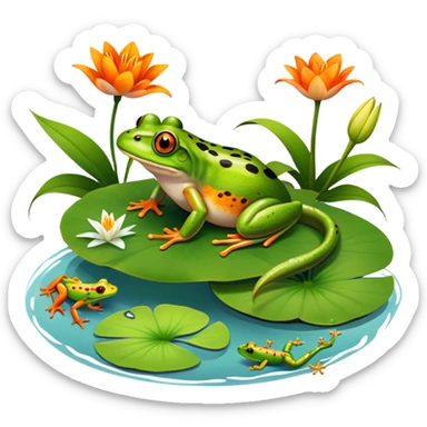 Icon for Amphibians: A colorful collage featuring a frog sitting on a lily pad, a salamander crawling on the ground and a newt swimming in water. The background features lily flowers and a calm pond setting. Transparent background. sticker