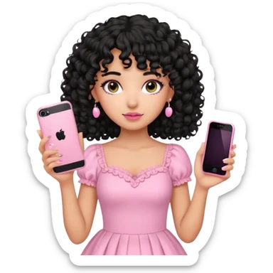 uma menina fofa de pele oliva e cabelos pretos encaracolados e com franja encaracolada e um vestido rosa pastel detalhado e maquiagem levemente rosada enquanto segura um iphone rosa sticker