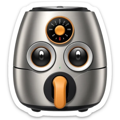 An air fryer with the knobs and handles made to look it's eyes, nose and mouth, hysterically crying with laughter sticker