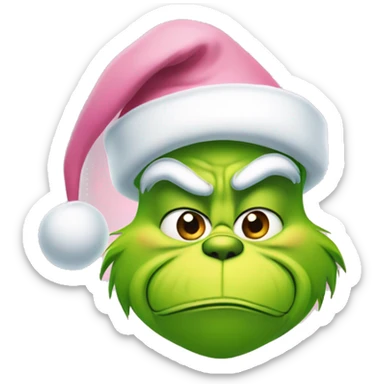 grinch face with a smirk wearing a light pink santa hat sticker