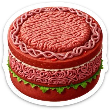 single round patty of raw ground beef, vivid red color, dense compact texture with visible strands of minced meat, slightly domed top, clean edges, moist fresh surface, no garnish, herbs, plate, or extras, soft lighting, subtle shadows, emoji scale sticker