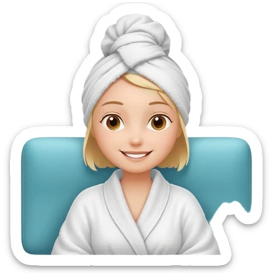 spa A contented and relaxed girl with a towel on her head in a white robe lies on a couch. The icon displays the couch and the girl in full three-quarter view. sticker