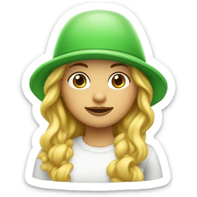 Chica con pelo largo rubio ondulado y un gorro de pelo blanco piel blanca , ojos verdes sticker
