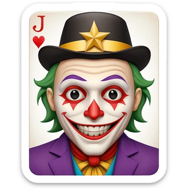 1 poker card, perfectly squared card, with crazy colorful human jolly joker inside, star symbol with a "J" sticker