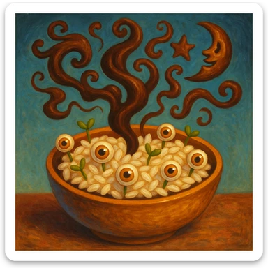 surrealism-inspired champorado emoji with rice grains sprouting tiny eyes, chocolate steam forming abstract shapes, whimsical otherworldly vibe sticker
