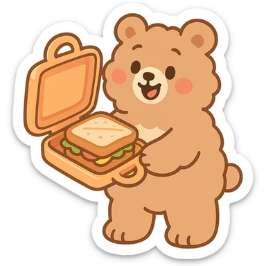 cute soft fluffy sandwich maker bear, soft pastel style, opening with a cute sandwich inside, creamy brown, full-body sticker