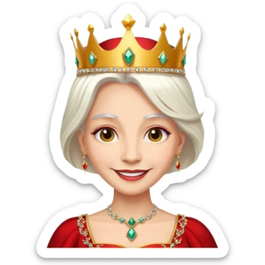 Queen with long white hair – jeweled golden crown, red dress. sticker