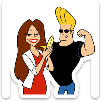 Combine both characters from the provided images into one image, standing side by side, keeping their original colors and cartoon style unchanged, with a transparent background. sticker