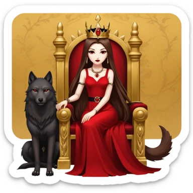 Lilith symbol seductress evil brown straight long hair haired, sexy succubus woman with red and black Chanel dress sitting on a Black and gold throne. A large black wolf laying beside he sticker