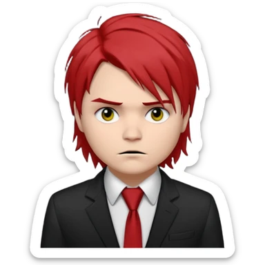 Gerard Way (Revenge Era)
Round, simplified emoji style
Pale skin tone dark eyes
Jet-black, shoulder-length hair messy and emo
Heavy eyeliner and slight red shadow under the eyes
Subtle serious
Hint of red tie visible on black button up shirt.
Transparent background. Black eyeliner. Messy emo hair sticker