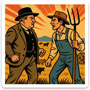 The full body of a wealthy cattle baron from the 1870s American West in an argument facing a homestead settler holding his pitch fork.  In the background is the Great Plains with cattle and horses sticker