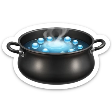black small metal pot filled with boiling water on a stove, visible hot steam and rising bubbles, realistic heat effect, shiny pot surface, bright lighting, clean white background sticker