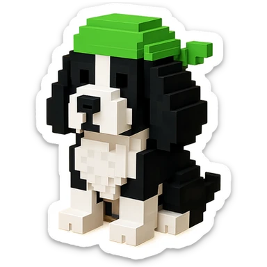 A black and white Russian Cocker Spaniel puppy wearing a green durag, voxel style, sitting sticker
