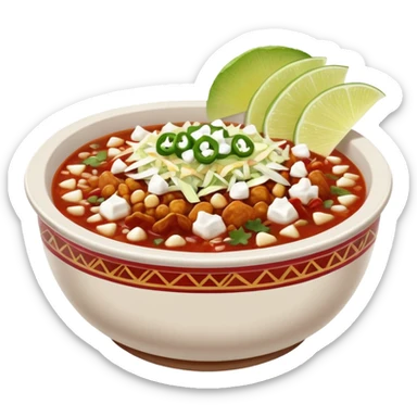 A delicious hot bowl of pozole rojo emoji. Steam rising. Hominy visible. Place the sides next to the bowl: chopped onions, shredded cabbage, lime wedges, red chile de arbol salsa, and full round tostadas with a light smear of sour cream sticker