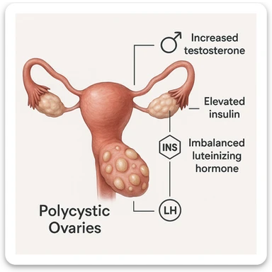 realistic illustration of polycystic ovaries with lines connecting to hormone symbols, explanatory captions, educational style, white background sticker