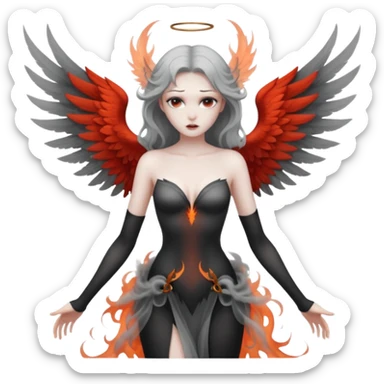 Winged woman standing motionless in smoke, restrained lust, infernal elegance sticker