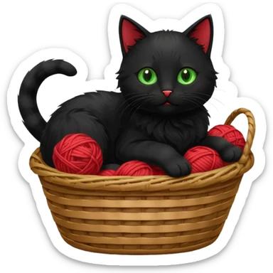 A playful black cat in a basket edge, playing with a yarn ball. sticker