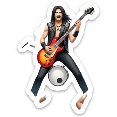 Icon for Heavy Metal: a metal band on stage, with electric guitars, drums, and a powerful vocalist. The atmosphere is intense with flashing lights, music notes, and a crowd of fans. The design should capture the energy and power of a live heavy metal performance. Transparent background. sticker