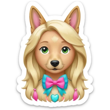 A white Long Wave blonde Hair Woman with blue-green eyes with a Brown eyed White Shepard with a little bit beige in then end of the ears and a lneom Link bow in neck in a lovely pose sticker