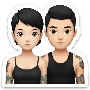 generate a fair boy with messy black hair, tattoos. standing beside a fair black haired girl wearing a black cami top and a boy with a buzz cut  sticker