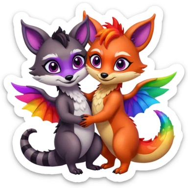 black female raccoon dragon hybrid with rainbow colored wings and purple eyes giving a hug to a red female fox dragon hybrid with rainbow colored wings and orange eyes sticker