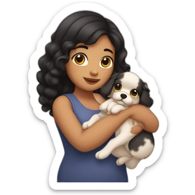 chubby fair girl with extra wavy black hairs holding dog in her arms sticker