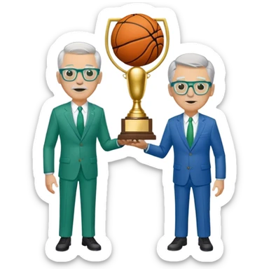 Full Body white  2 x male  wearing glasses with a goatee with light blonde and gray very short hair basketball head Coach in blue and green suit holding trophy sticker