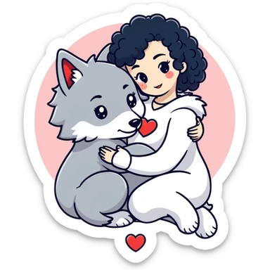 Black curly hair white skin girl hugging one big wolf with hearts above them sticker