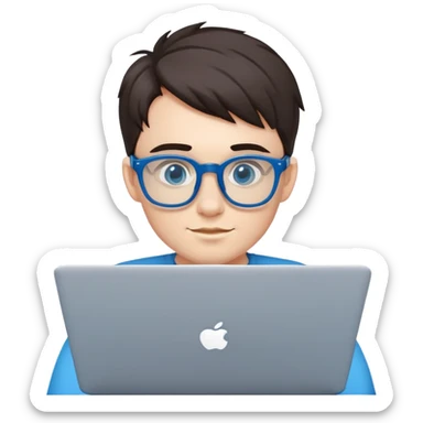 a nerd and an excellent student with blue glasses with laptop sticker