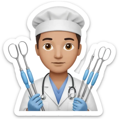 neurosurgeon holding multiple surgical instruments, confident expression, apple emoji style sticker