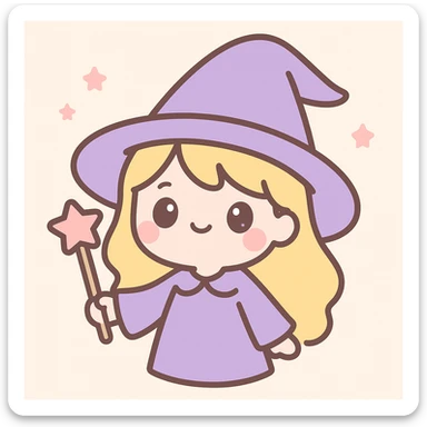 blonde girl wizard, oversized purple hat, cute and whimsical expression, enchanting and playful sticker
