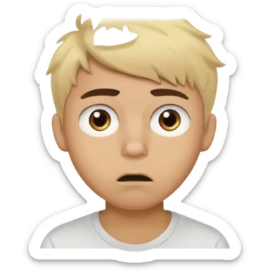 Short buzz, messy blonde hair. Dark brown bushy eyebrows large expressive golden-brown eyes, wearing a plain white t-shirt. Male Teenager. light Dark Brown skin color. Confused mouth gape sticker