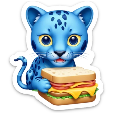 A sandwich with blue glue and a blue panther with lightning eyes eating it sticker