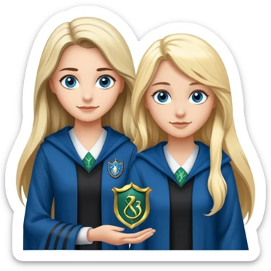 a pretty ravenclaw girl with long brown hair and blue eyes standing with a hot Slytherin girl with long blonde hair, blue eyes and big boobs  sticker