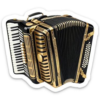 Create an elegant and detailed emoji representing a luxurious Weltmeister accordion. The design should feature the accordion with its signature bellows and intricate metal grille, showcasing the refined craftsmanship. Add subtle musical notes around the accordion to symbolize the rich sound it produces. Use a combination of gold, silver, and deep black or brown tones to highlight the instrument's luxury and high-end nature. The background should be transparent. sticker