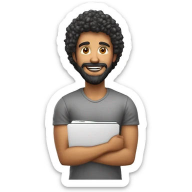 Homem sorrindo com notebook as pernas não devem aparecer, cabelo crespo e preto sem bigode e nariz pequeno estilo cartoon 3d jovem sticker