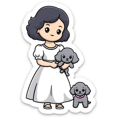 beautiful girl with long black hair in a white dress holding a small gray poodle sticker