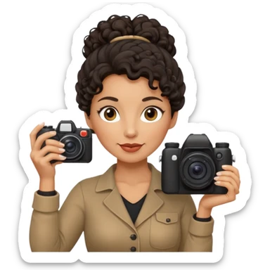 48 year old woman photographer with dark curly hair in a bun sticker