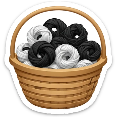 A basket with tangled black and white yarn spilling slightly over the side. sticker