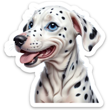 Cinematic Cute Yawning Spotted Dalmatian Portrait Emoji, Head tilted slightly with a dramatic, wide-open yawn, showcasing a smooth Fur of predominantly white with bold black patches, floppy ears slightly drooping, round blue eyes barely open in drowsy contentment, Simplified yet irresistibly adorable features, highly detailed, glowing with a soft, cozy glow, high shine, relaxed yet expressive, stylized with a touch of whimsy, bright and endearing, soft glowing outline, capturing the essence of a sleepy yet affectionate guardian, so drowsy it feels like it could stretch out of the screen and curl up for a nap! sticker
