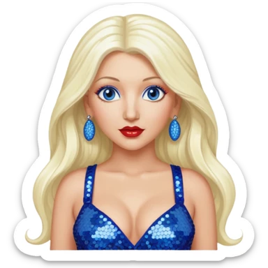 Christina Aguilera with long platinum blonde hair, periwinkle sequin crop top, red sequin pants, blue eyes sticker