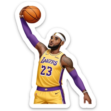 Basketball player LeBron James with headband, Lakers jersey #23, dunking sticker