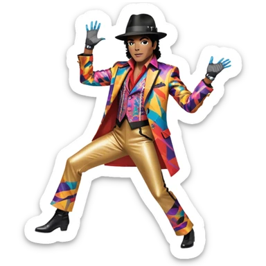 Icon for R&B Music: Michael Jackson in full body, wearing a bright, recognizable costume—sparkling jacket, black fedora, and signature glove. He is in a dynamic, energetic pose, with musical notes and abstract patterns surrounding him. Transparent background. sticker