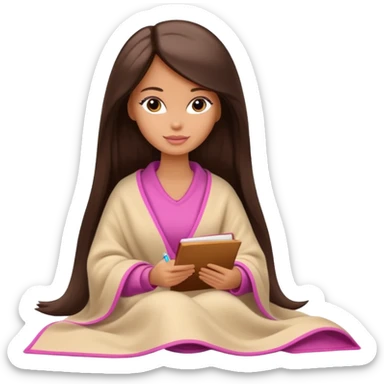 Barbie girl with a long straight dark brown hair inside a pale beige blanket is writing a book sticker