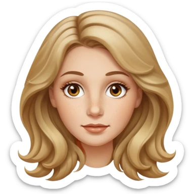 creative women with long dark Blond with highlights wavy hair white women, oval shape face hazel eyes long lashes little bit of freckles on the nose high cheek bones sticker