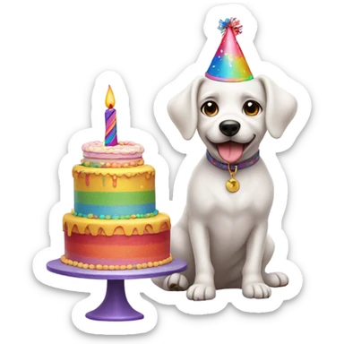 White male small dog wearing birthday hat with a cake  sticker