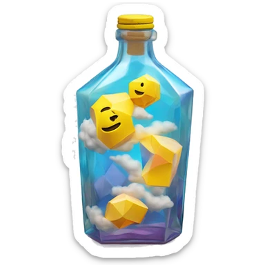 clouds in a bottle sculpture symbolizing Gemini with a geometric, faceted design. The bottle is standing upright with angular and disney features. The vibrant yellow lightning colors highlights the sharp edges and planes.  sticker