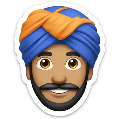Cheerful Sikh man emoji with a blue turban, friendly smile, kind eyes, black beard, minimalistic cartoon style, plain background. sticker